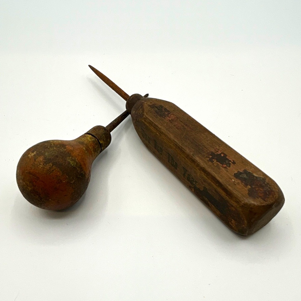 Antique Vintage Original Wood Handle ice picks Metal picks Stamped Advertising